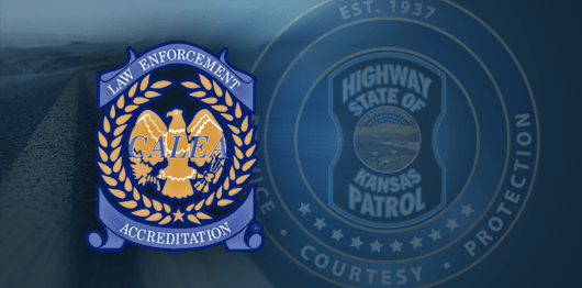 graphic containing both the CALEA and Kansas Highway Patrol logs on a grey background