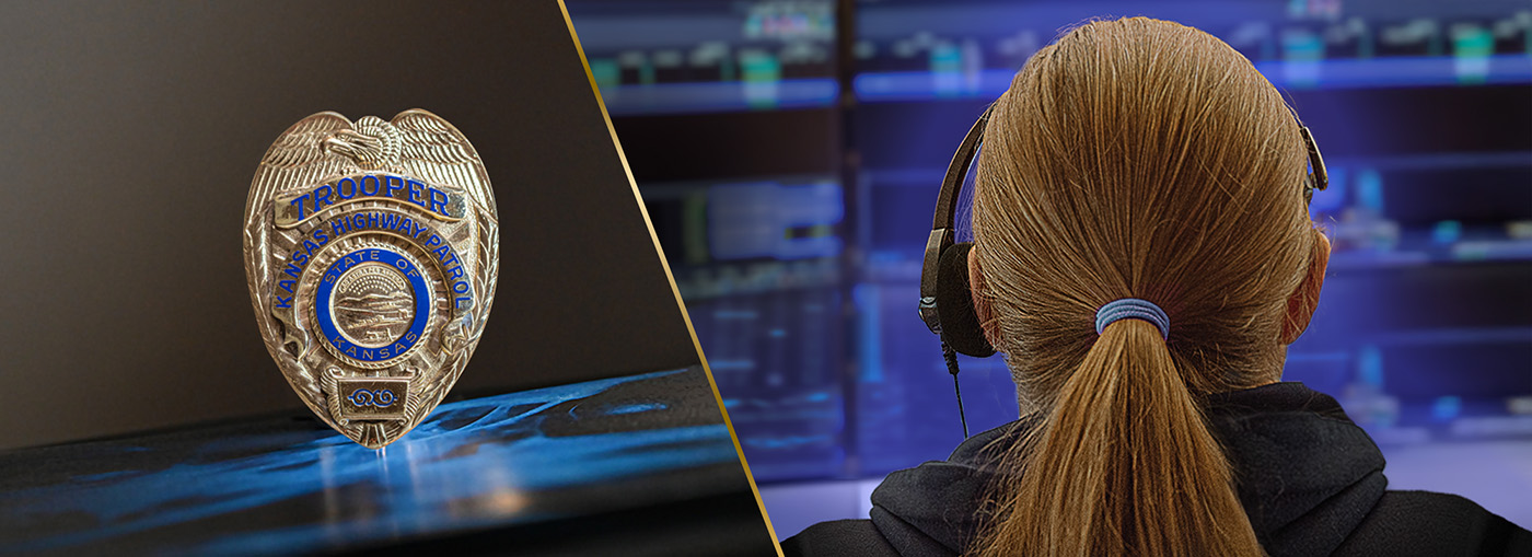 Left: Badge; Right: dispatcher at work